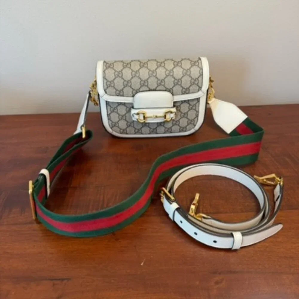 Gucci Horsebit 1955 Small Shoulder Bag GG Supreme White Leather - Picture 2 of 5